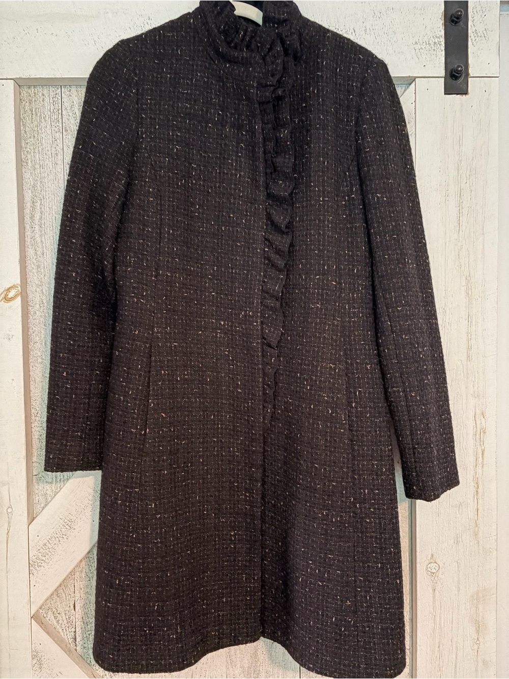 DKNY Black Tweed Ruffle-Front Pea Coat